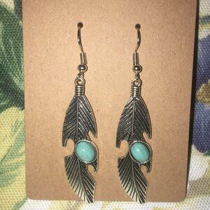 Vintage Feather Silver Bohemian Blue Stone Drop Earring NWOT